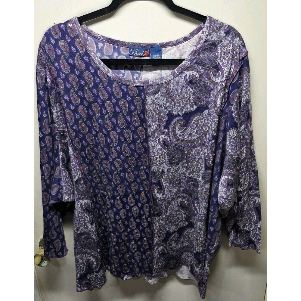 Phool Women's Size 3X Blue Paisley 3/4 Sleeve Sequin & Beads